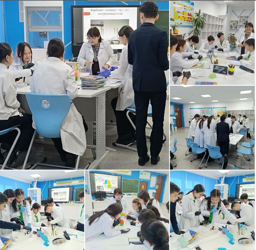 Жетісу ауданы №148 мектеп-гимназияда Химия пәні мұғалімі Атакулова Жанар 7”Ә”- сынып оқушыларымен бірге“ Карбонаттардың сұйылтылған қышқылдармен әрекеттесуі” тақырыбында ашық сабақ өтті.